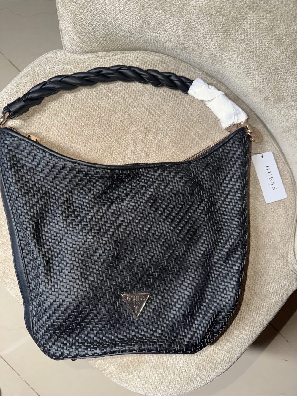 GUESS Black Woven Shoulder Bag with Braided Handle
